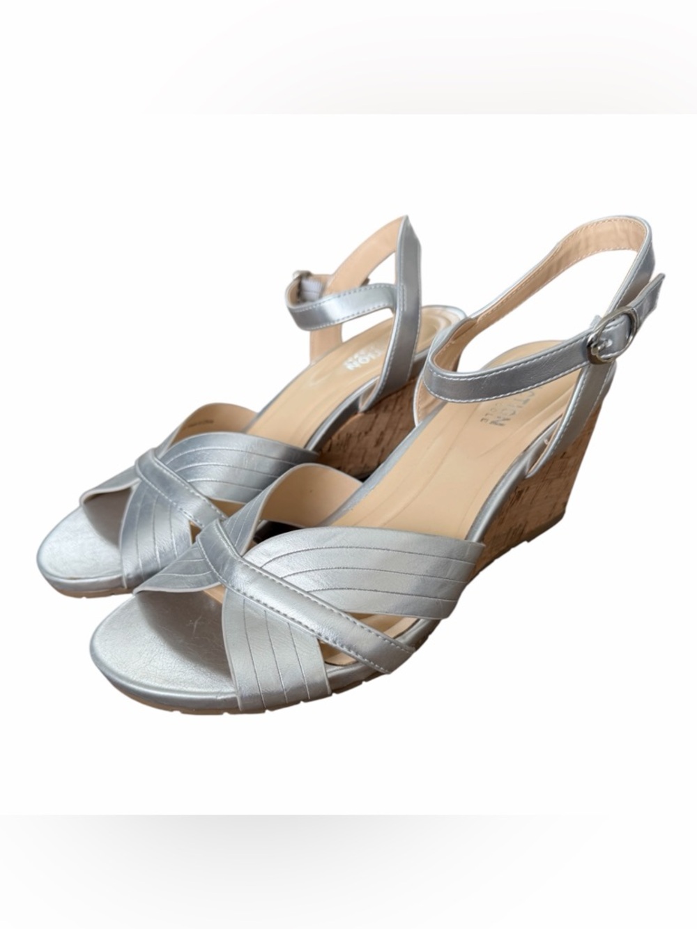Kenneth Cole Reaction Silver Crisscross Wedge Sandals - Picture 4 of 9